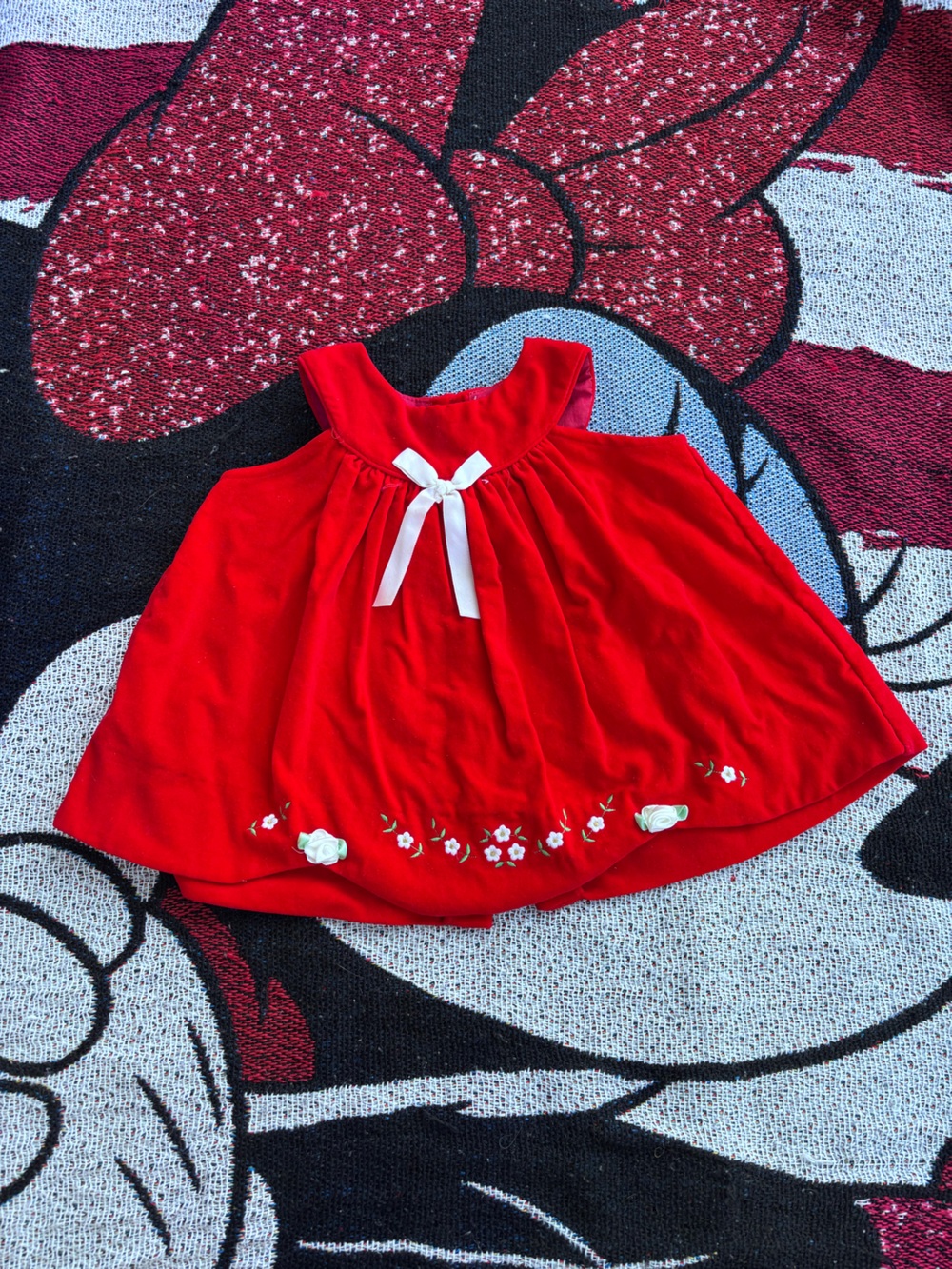 VINTAGE RED VELOUR EMBROIDERED FLOWER BOW BABY DRESS SIZE 6 MONTHS COTTAGE CORE